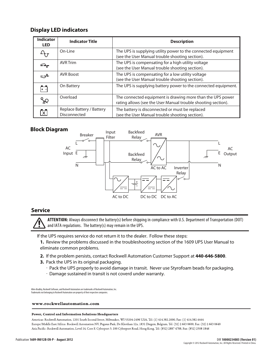 Service, Block diagram display led indicators | Rockwell Automation 1609 Industrial Uninterruptible Power Supply - Series D User Manual | Page 8 / 8
