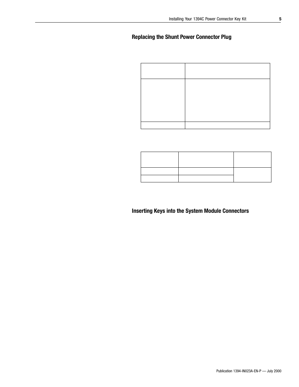 Replacing the shunt power connector plug, Inserting keys into the system module connectors | Rockwell Automation 1394C-SJT_CONN-KEY Installing Your Power Connector Key Kit User Manual | Page 5 / 8