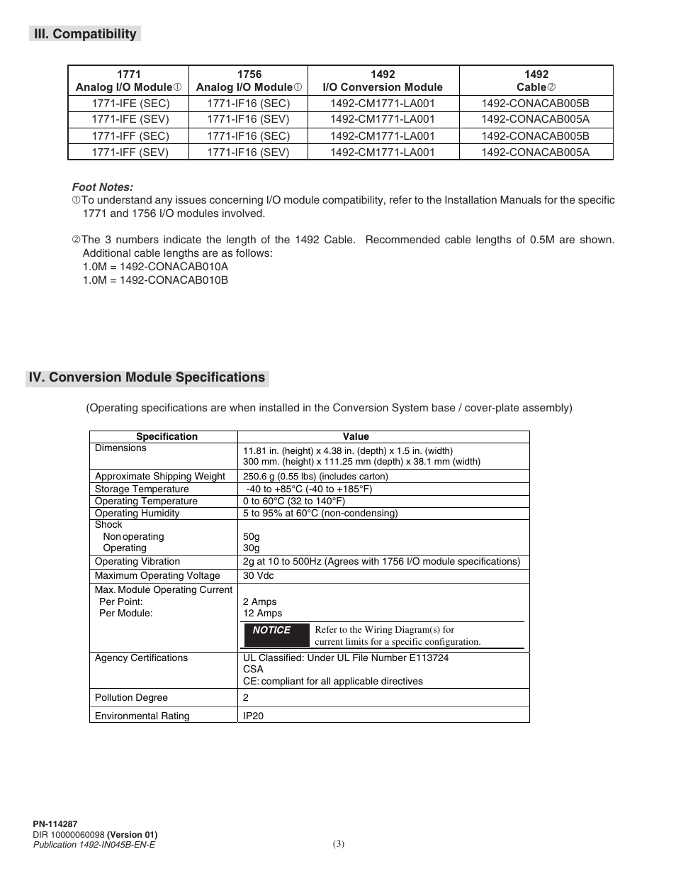 Iv. conversion module specifications, Iii. compatibility | Rockwell Automation 1492-CM1771-LA001 Analog I/O Conversion Module User Manual | Page 3 / 8