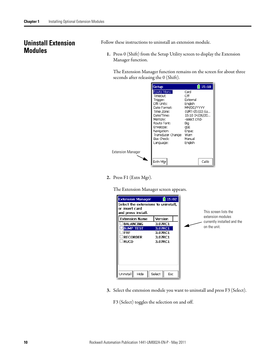 Uninstall extension modules | Rockwell Automation 1441-DYN25-MBMP Bump Test Extension Module for the Dynamix 2500 User Manual | Page 10 / 34