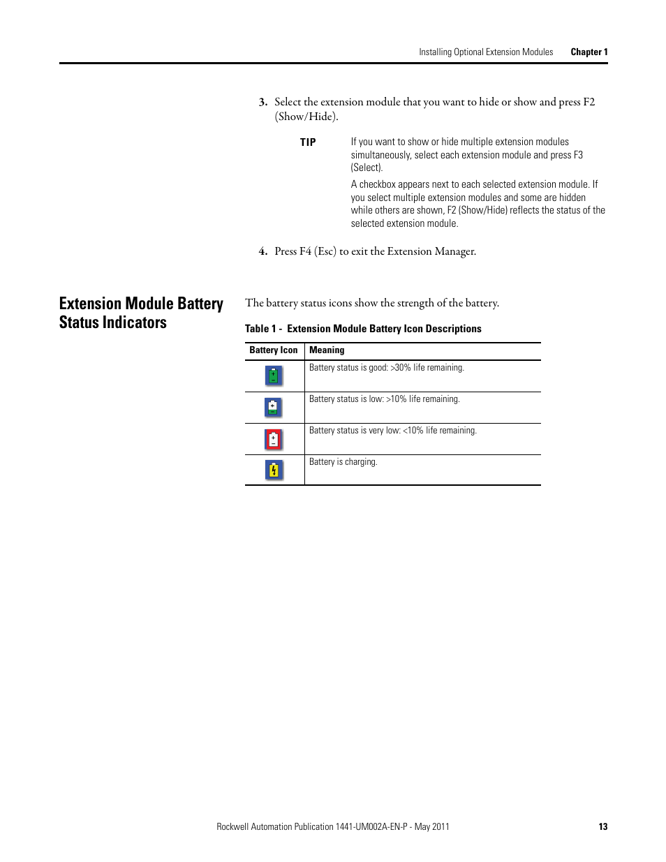Extension module battery status indicators | Rockwell Automation 1441-DYN25-MBMP Bump Test Extension Module for the Dynamix 2500 User Manual | Page 13 / 34