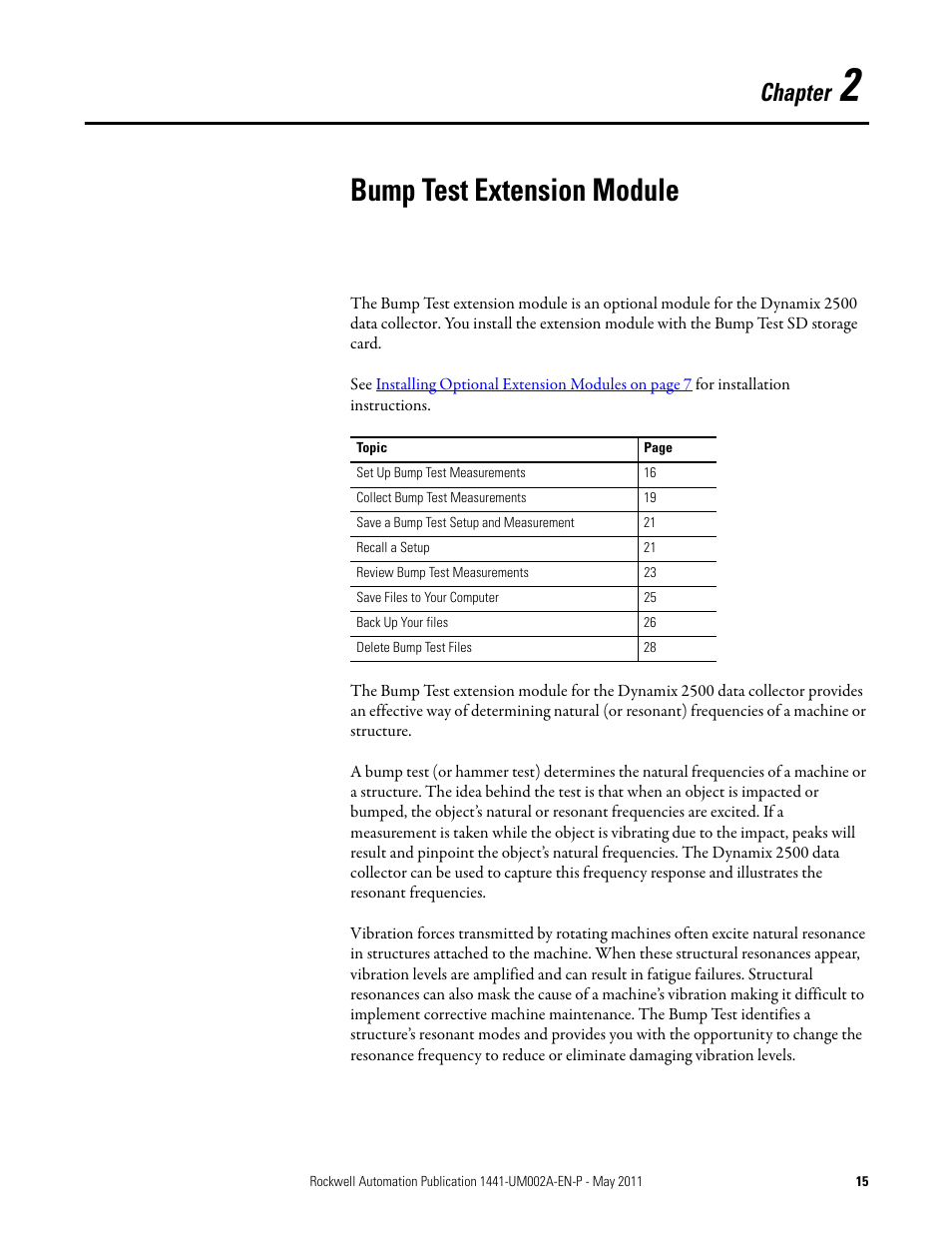 Bump test extension module, Chapter 2, Chapter | Rockwell Automation 1441-DYN25-MBMP Bump Test Extension Module for the Dynamix 2500 User Manual | Page 15 / 34