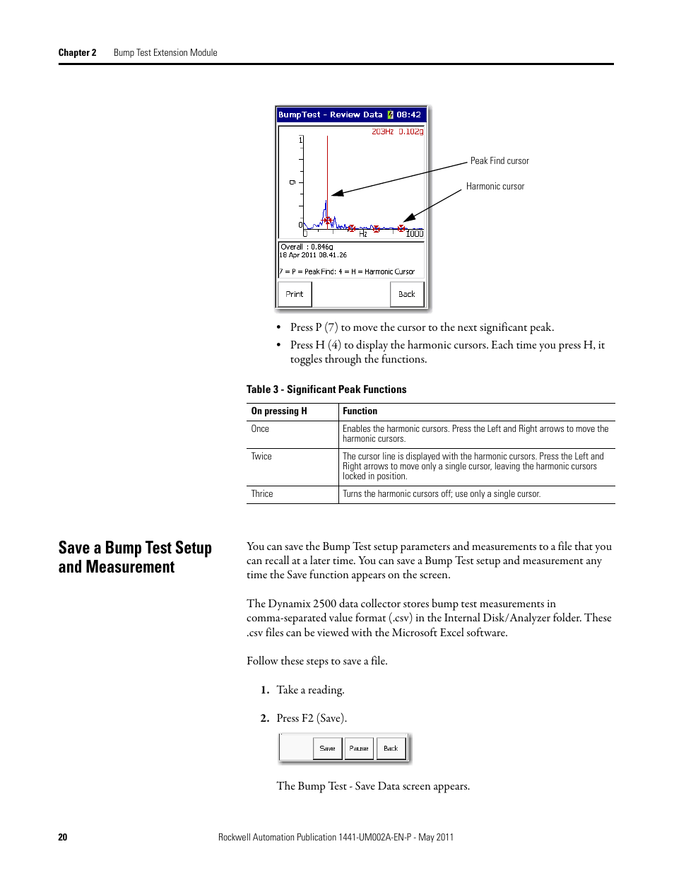 Save a bump test setup and measurement | Rockwell Automation 1441-DYN25-MBMP Bump Test Extension Module for the Dynamix 2500 User Manual | Page 20 / 34