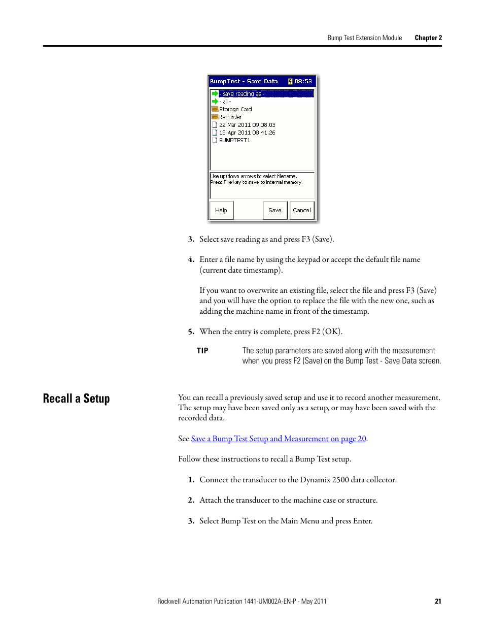 Recall a setup | Rockwell Automation 1441-DYN25-MBMP Bump Test Extension Module for the Dynamix 2500 User Manual | Page 21 / 34