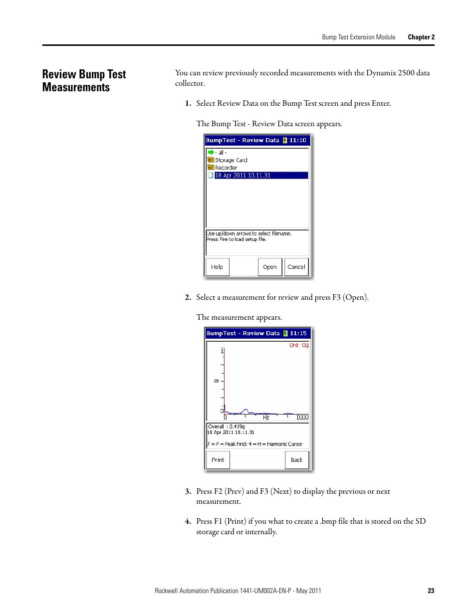 Review bump test measurements | Rockwell Automation 1441-DYN25-MBMP Bump Test Extension Module for the Dynamix 2500 User Manual | Page 23 / 34