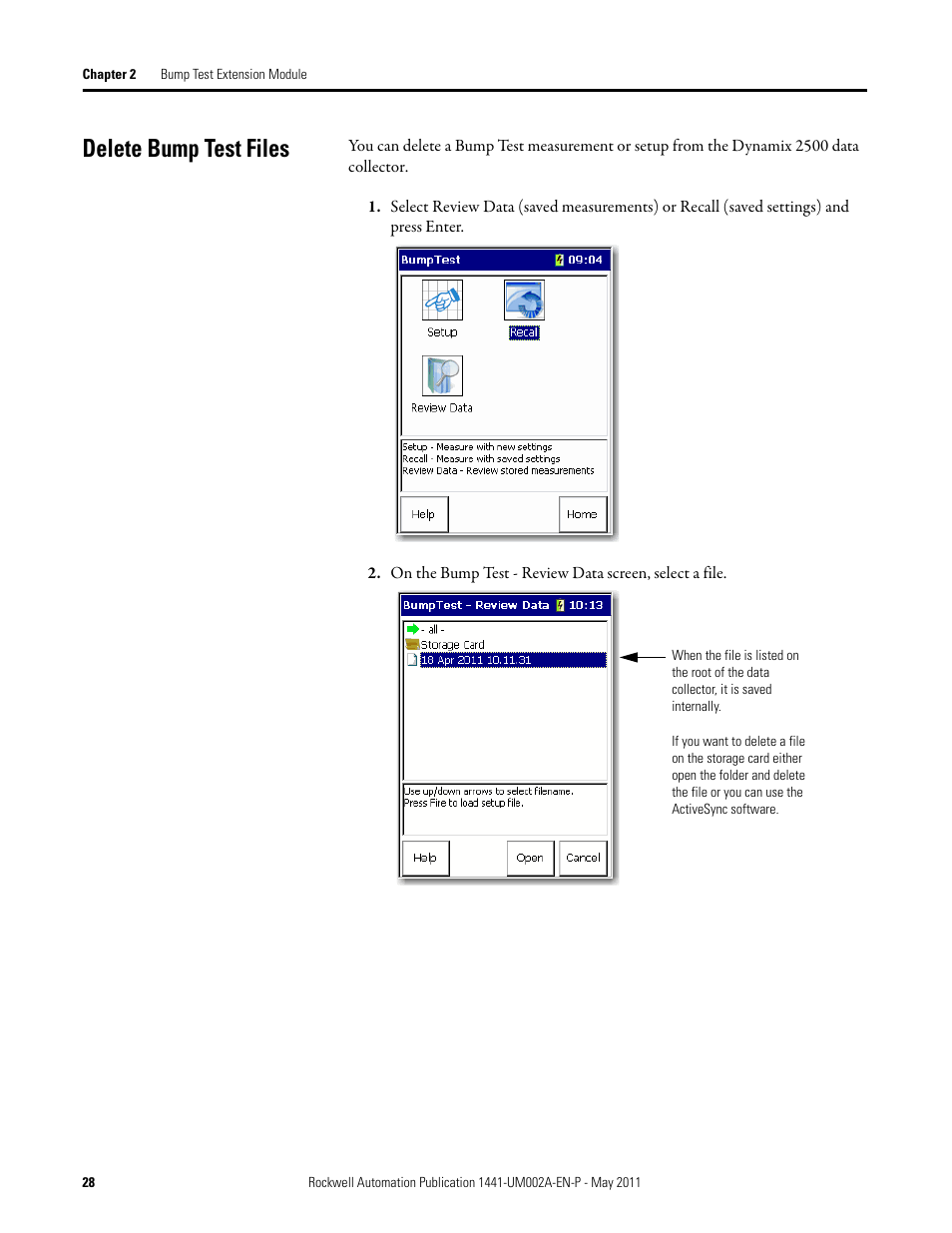 Delete bump test files | Rockwell Automation 1441-DYN25-MBMP Bump Test Extension Module for the Dynamix 2500 User Manual | Page 28 / 34
