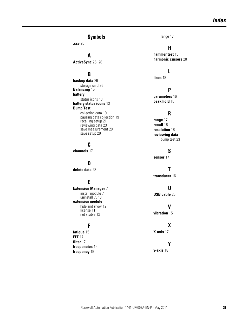 Index, Symbols | Rockwell Automation 1441-DYN25-MBMP Bump Test Extension Module for the Dynamix 2500 User Manual | Page 31 / 34