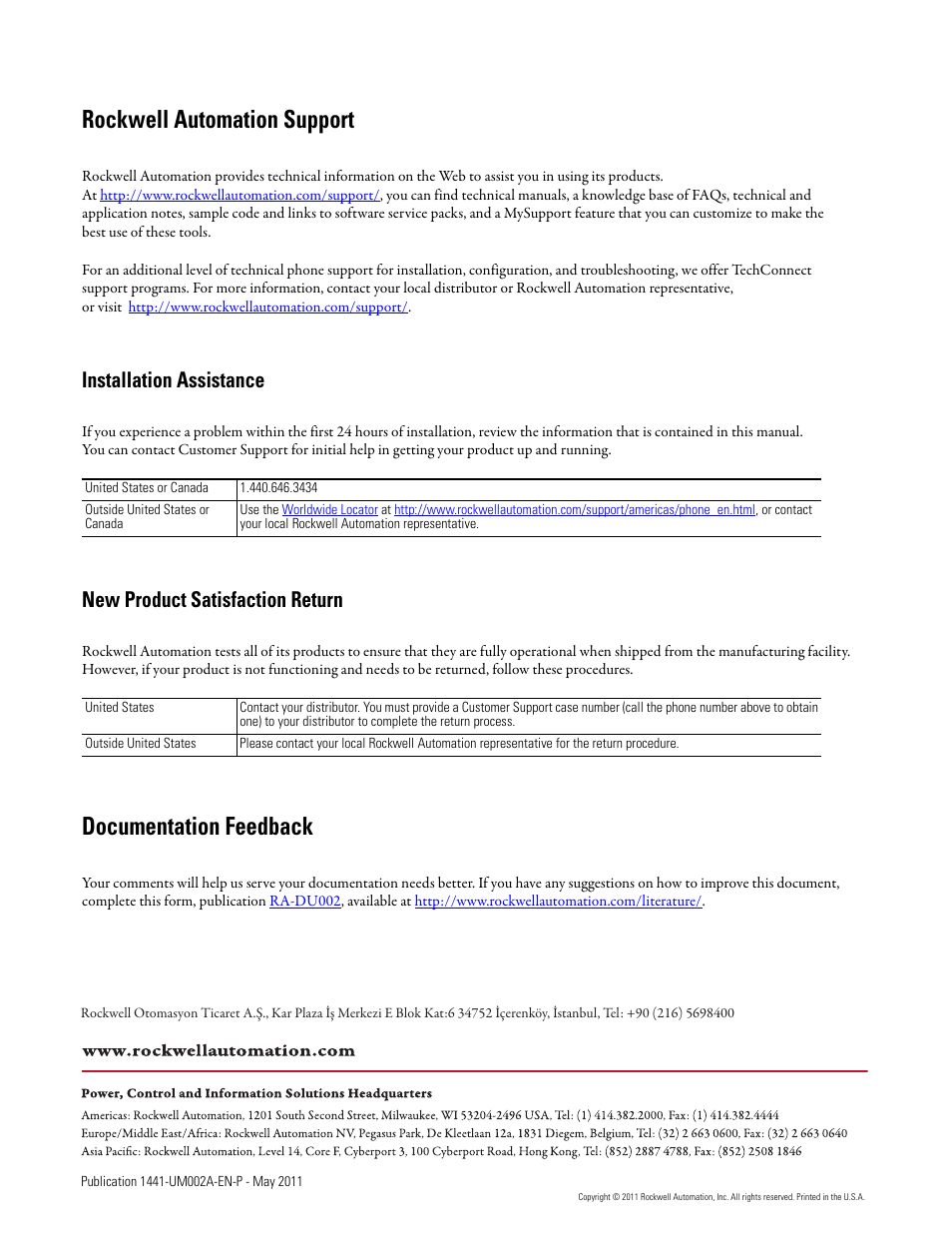 Back cover, Rockwell automation support, Documentation feedback | Installation assistance, New product satisfaction return | Rockwell Automation 1441-DYN25-MBMP Bump Test Extension Module for the Dynamix 2500 User Manual | Page 34 / 34