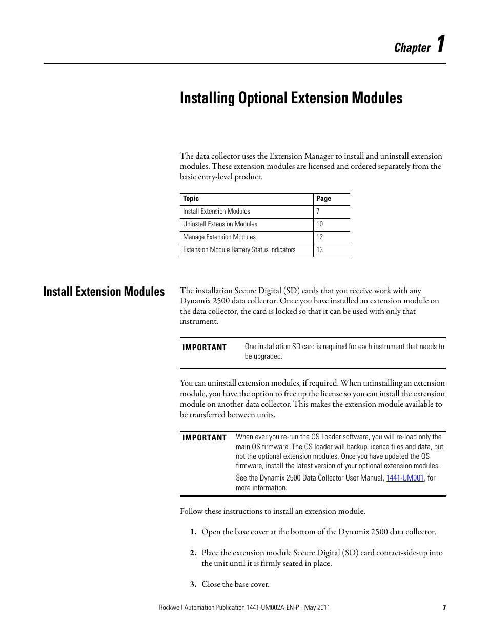 Installing optional extension modules, Install extension modules, Chapter 1 | Chapter | Rockwell Automation 1441-DYN25-MBMP Bump Test Extension Module for the Dynamix 2500 User Manual | Page 7 / 34