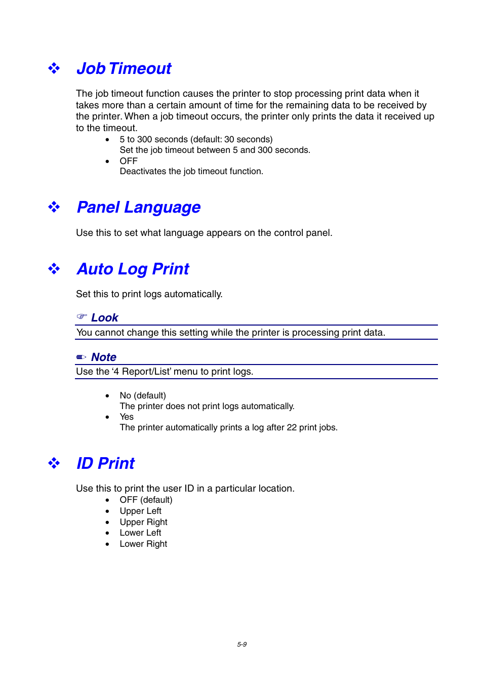 Job timeout, Panel language, Auto log print | Id print | Brother 4000CN User Manual | Page 100 / 183