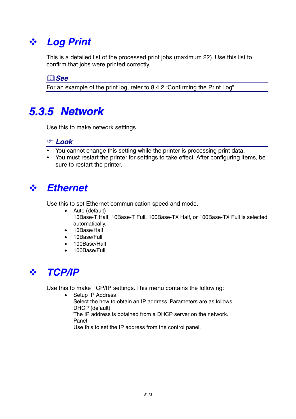 Log print, 5 network, Ethernet | Tcp/ip, Network | Brother 4000CN User Manual | Page 104 / 183