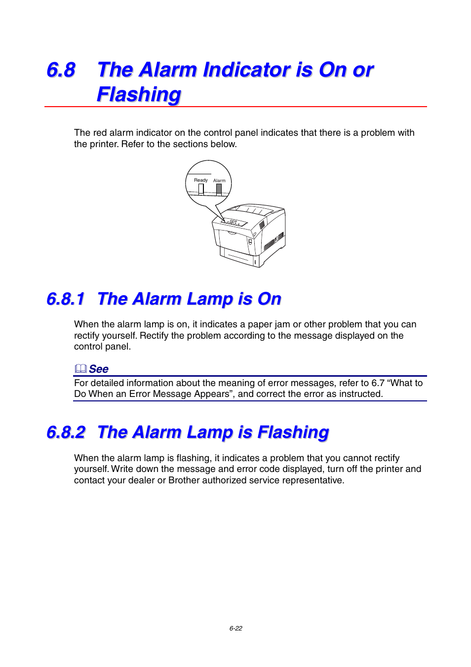8 the alarm indicator is on or flashing, 1 the alarm lamp is on, 2 the alarm lamp is flashing | The alarm lamp is on, The alarm lamp is flashing | Brother 4000CN User Manual | Page 130 / 183