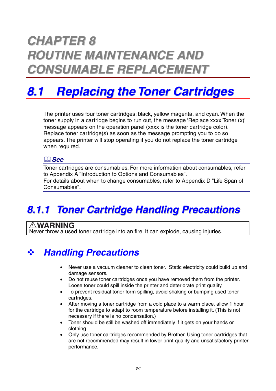 1 replacing the toner cartridges, 1 toner cartridge handling precautions, Handling precautions | Toner cartridge handling precautions | Brother 4000CN User Manual | Page 147 / 183