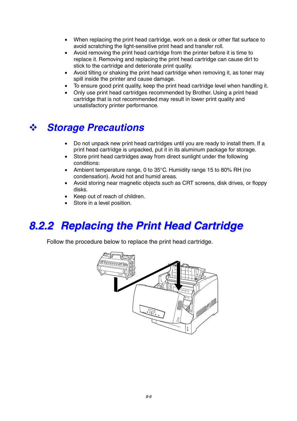 Storage precautions, 2 replacing the print head cartridge, Replacing the print head cartridge | Brother 4000CN User Manual | Page 152 / 183