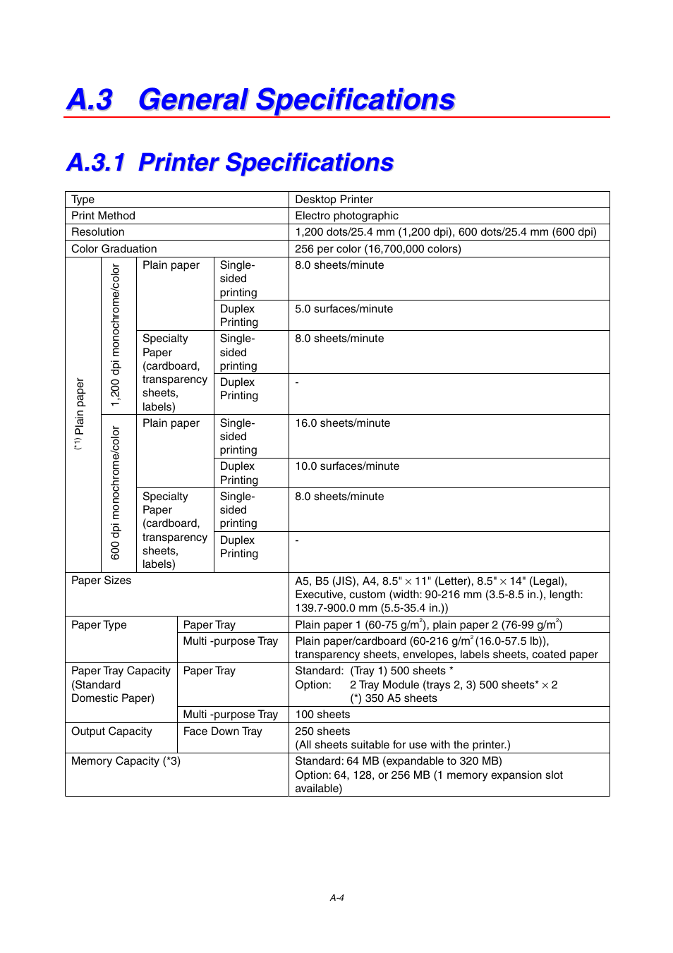 A.3 general specifications, A.3.1 printer specifications, A.3.1 | Printer specifications | Brother 4000CN User Manual | Page 175 / 183