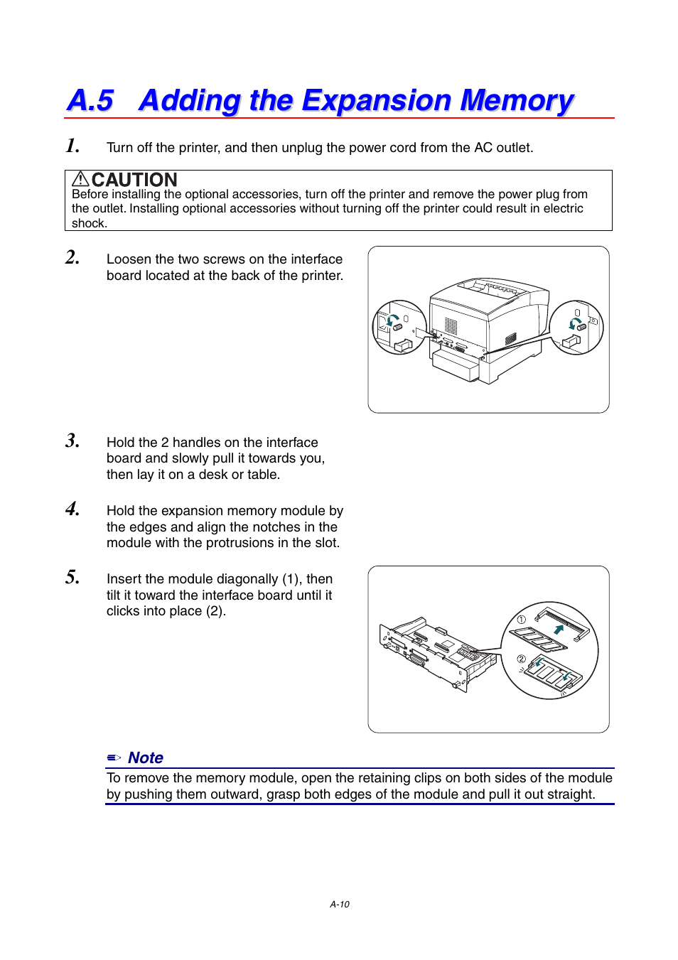 A.5 adding the expansion memory, A-10 | Brother 4000CN User Manual | Page 181 / 183