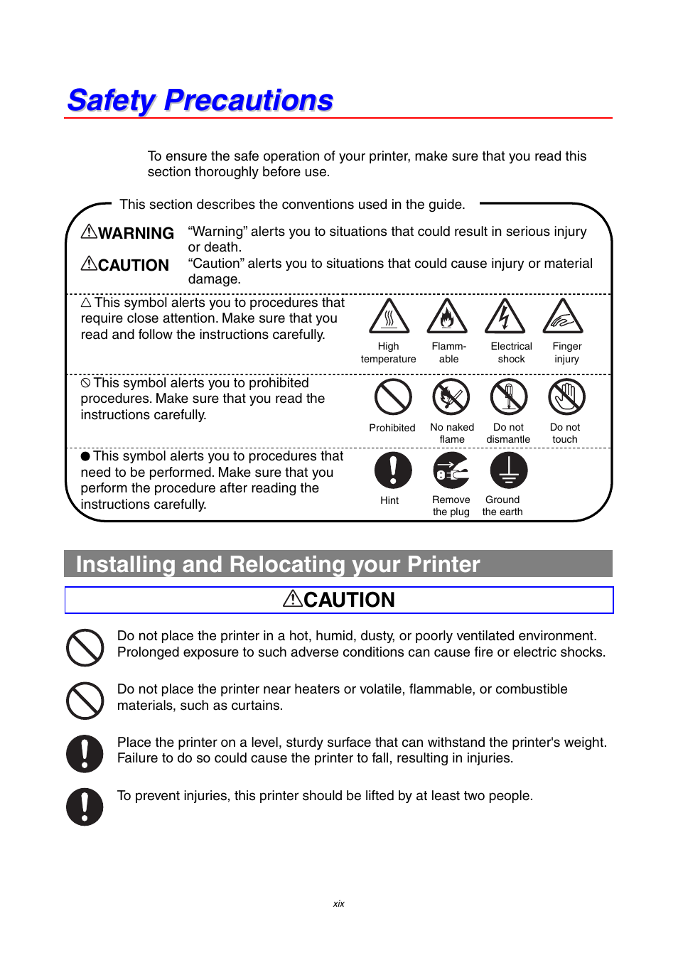 Safety precautions, Installing and relocating your printer | Brother 4000CN User Manual | Page 19 / 183