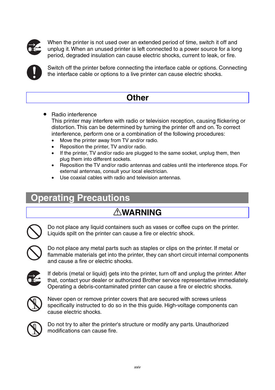 Operating precautions, Other, Warning | Brother 4000CN User Manual | Page 24 / 183