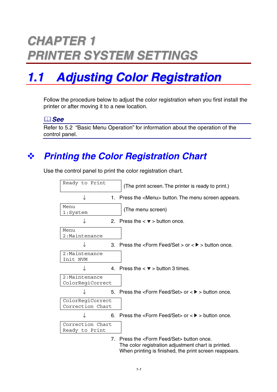 Chapter 1 printer system settings, 1 adjusting color registration, Printing the color registration chart | Brother 4000CN User Manual | Page 28 / 183