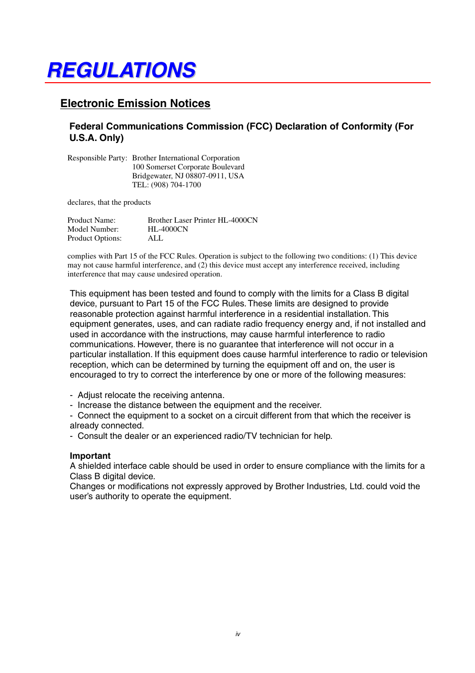 Regulations | Brother 4000CN User Manual | Page 4 / 183