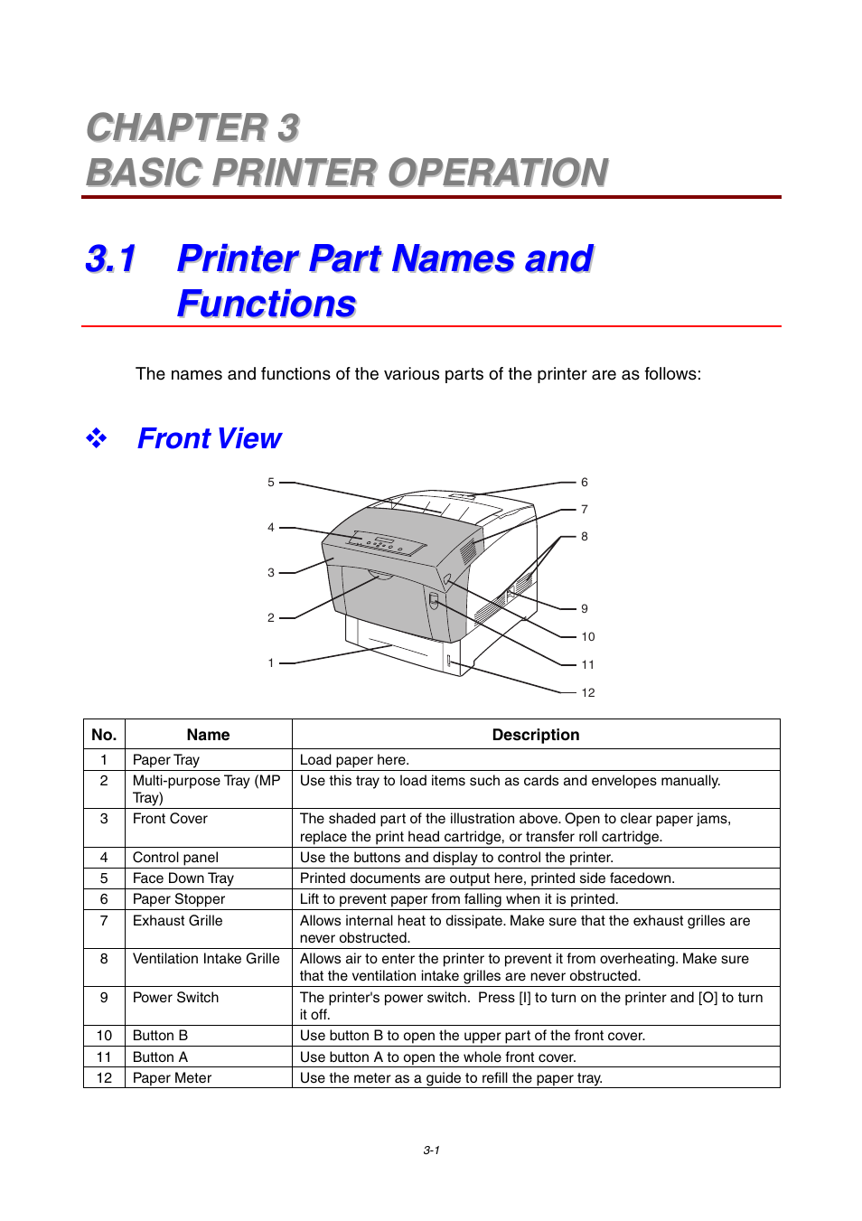 Chapter 3 basic printer operation, 1 printer part names and functions, Front view | Brother 4000CN User Manual | Page 43 / 183