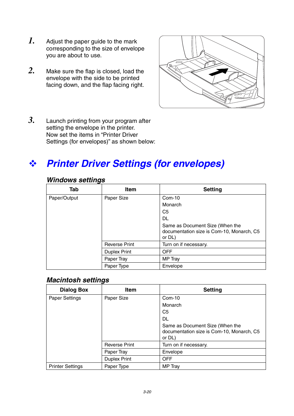 Printer driver settings (for envelopes), Windows settings, Macintosh settings | Brother 4000CN User Manual | Page 62 / 183