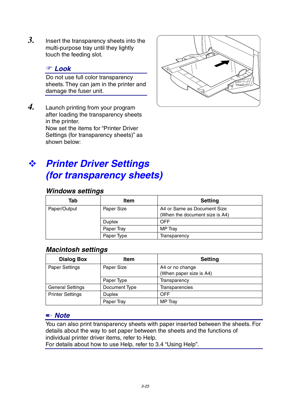 Printer driver settings (for transparency sheets), Look, Windows settings | Macintosh settings | Brother 4000CN User Manual | Page 65 / 183