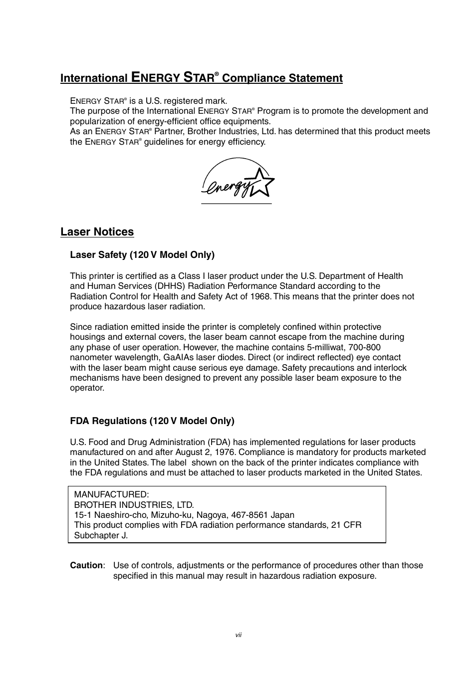 International, Nergy, Compliance statement | Laser notices | Brother 4000CN User Manual | Page 7 / 183