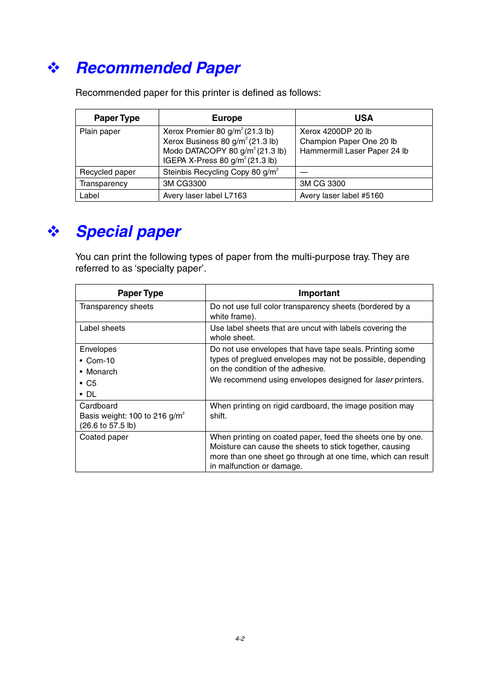 Recommended paper, Special paper | Brother 4000CN User Manual | Page 73 / 183