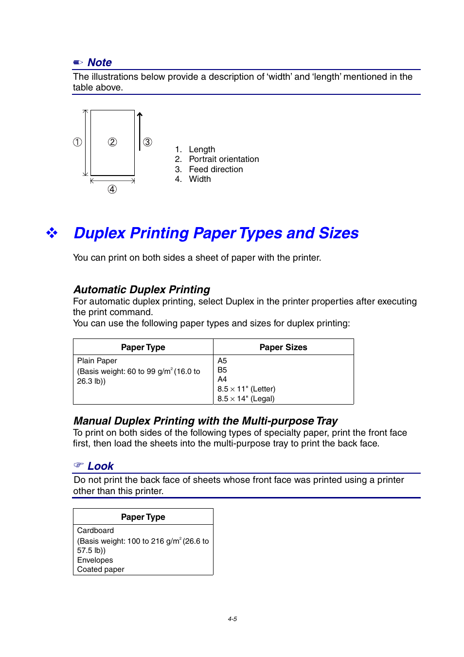 Duplex printing paper types and sizes, Automatic duplex printing, Manual duplex printing with the multi-purpose tray | Look | Brother 4000CN User Manual | Page 76 / 183