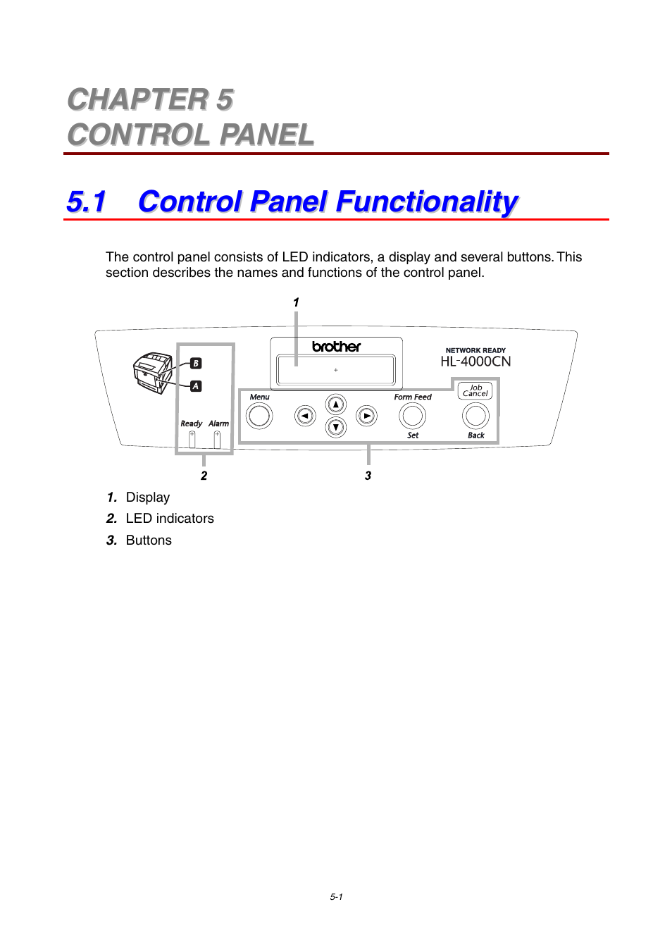 Chapter 5 control panel, 1 control panel functionality | Brother 4000CN User Manual | Page 92 / 183