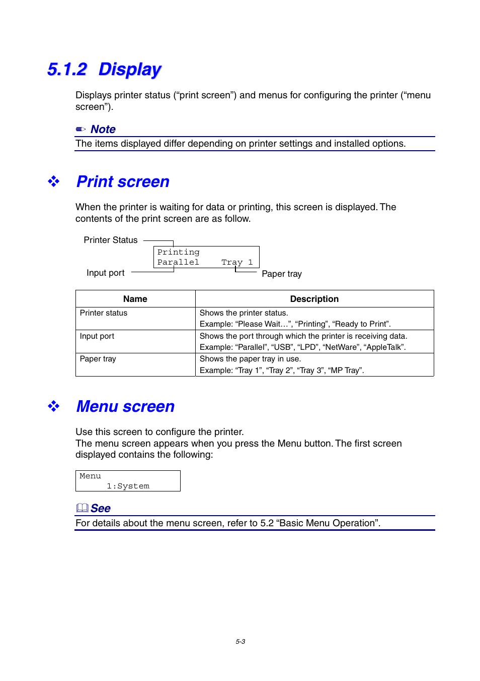 2 display, Print screen, Menu screen | Display | Brother 4000CN User Manual | Page 94 / 183
