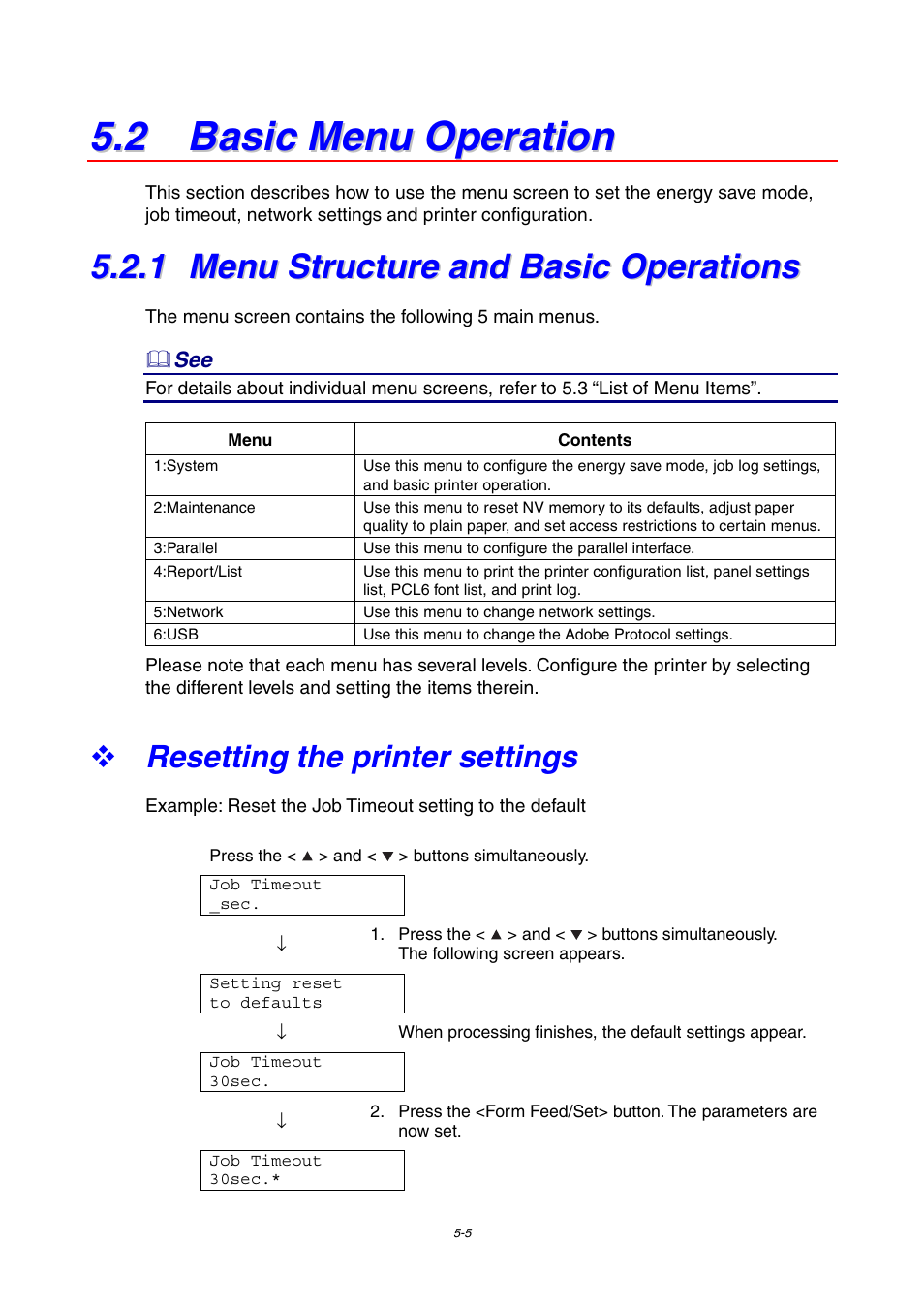 2 basic menu operation, 1 menu structure and basic operations, Resetting the printer settings | Menu structure and basic operations | Brother 4000CN User Manual | Page 96 / 183