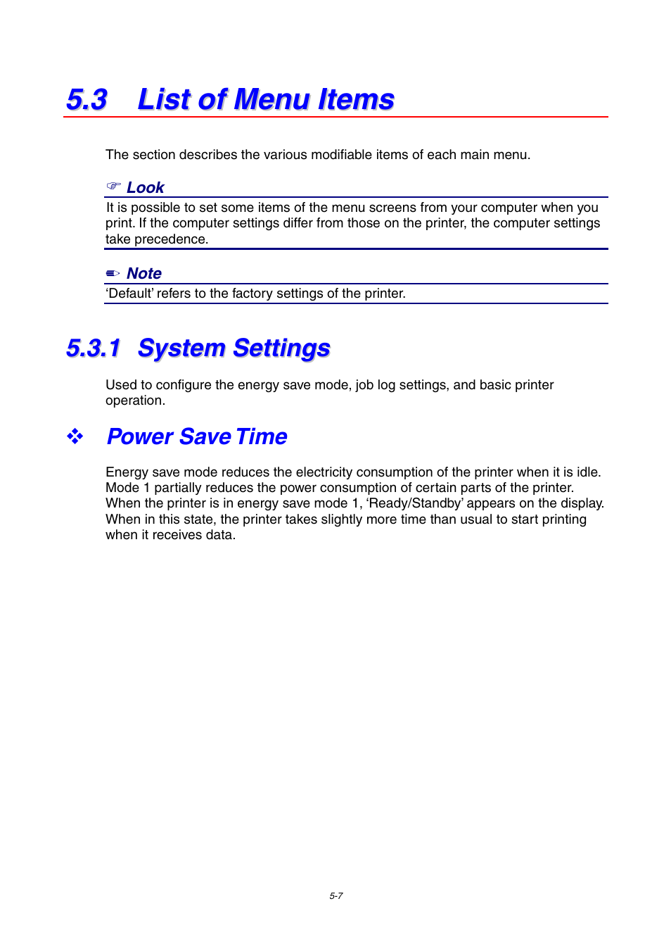 3 list of menu items, 1 system settings, Power save time | System settings | Brother 4000CN User Manual | Page 98 / 183