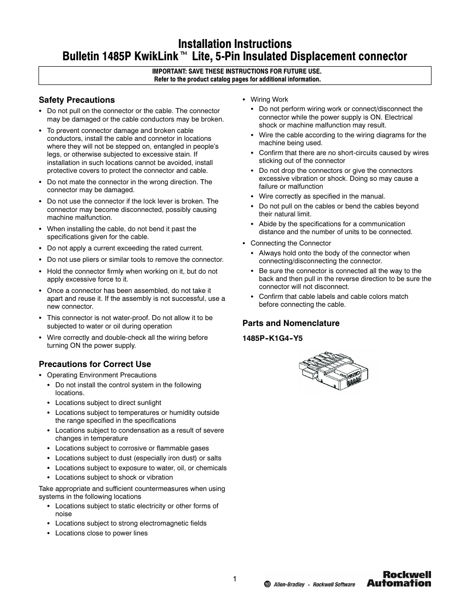 Rockwell Automation 1485P KwikLink Lite, 5-Pin Insulated Displacement Connector User Manual | 2 pages