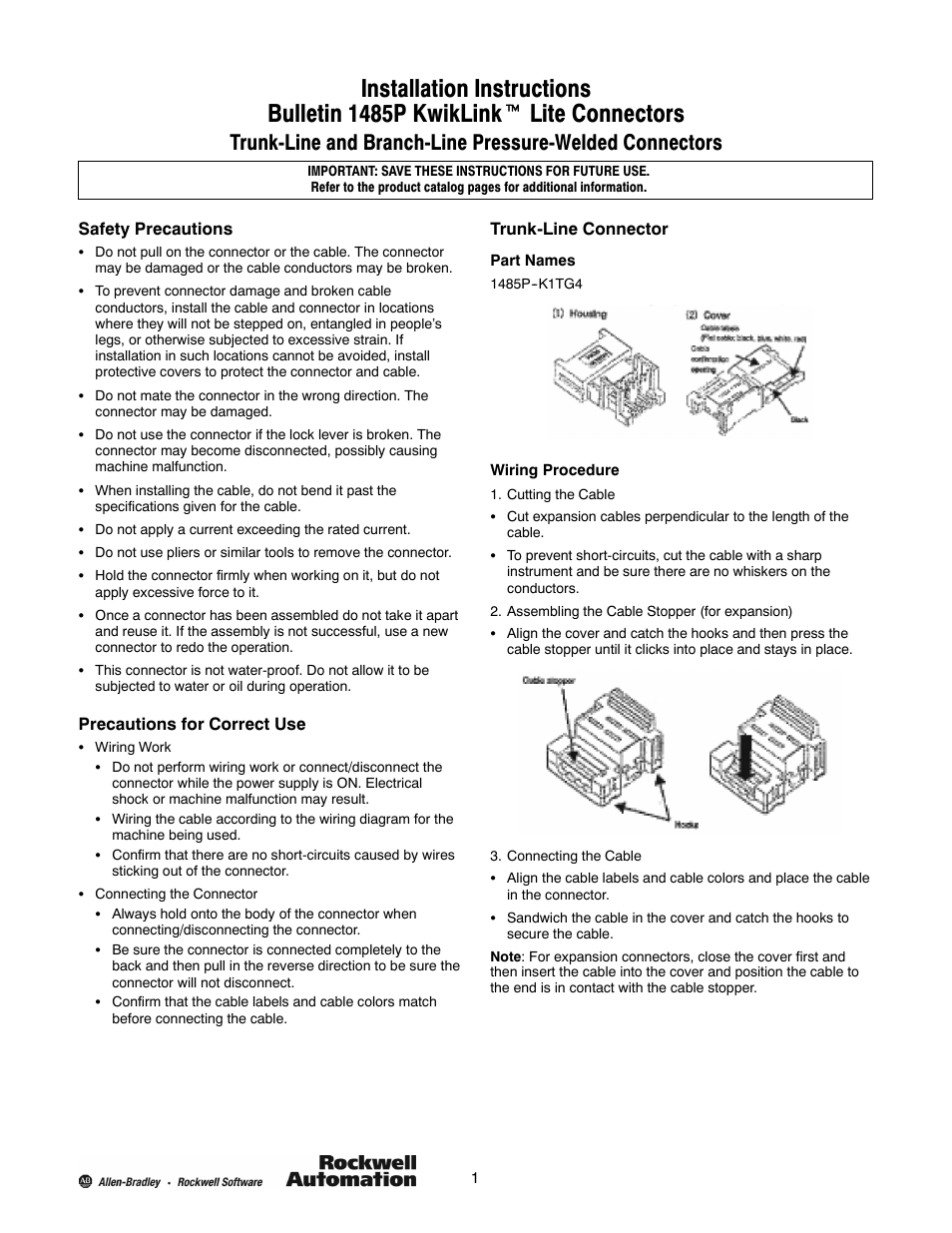 Rockwell Automation 1485P KwikLink Lite Connectors User Manual | 3 pages