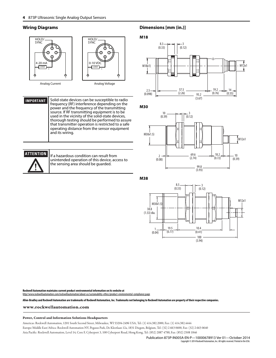 Wiring diagrams, Dimensions [mm (in.) | Rockwell Automation 873P Ultrasonic Single Analog Output Sensors Installation Instructions User Manual | Page 4 / 4