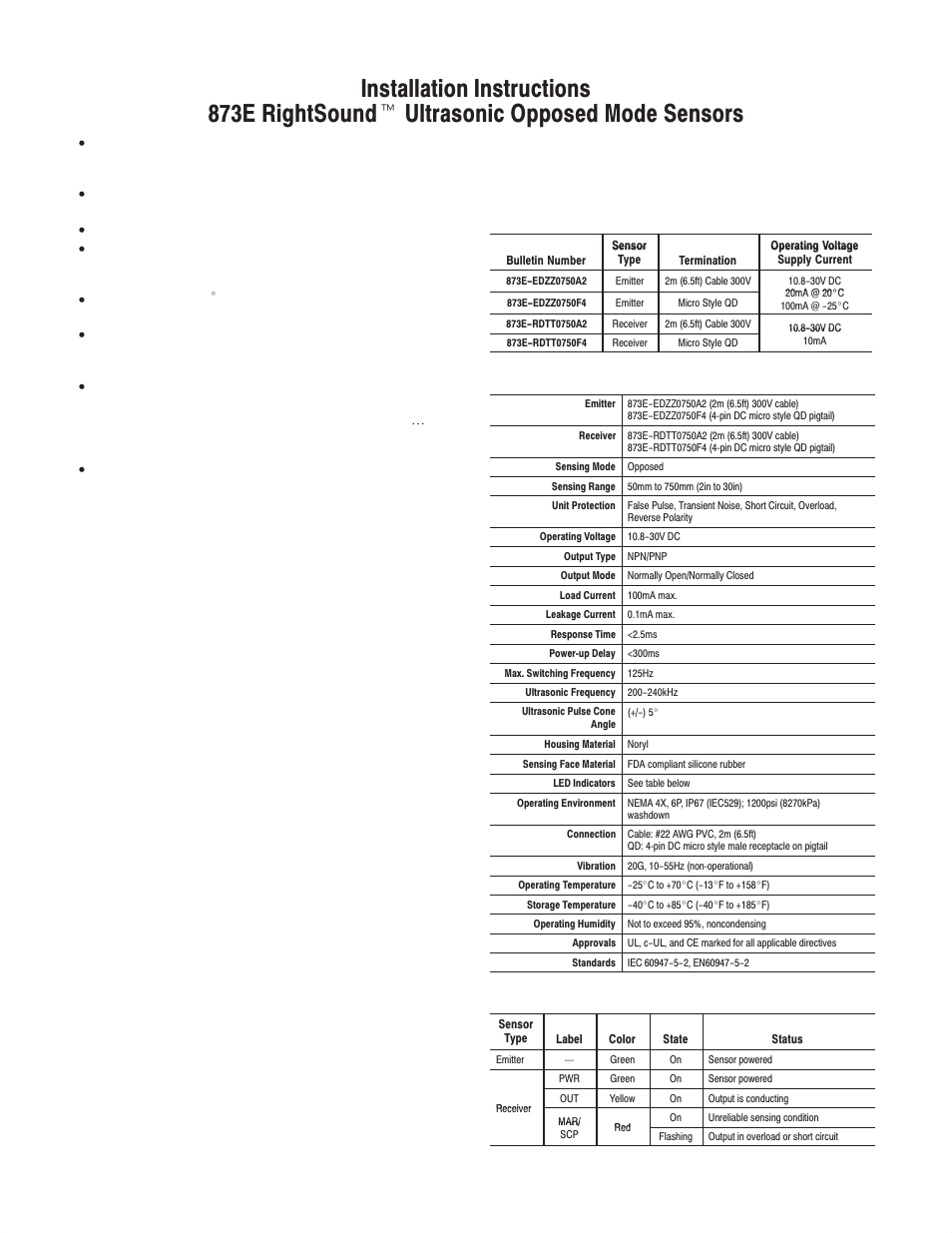 Rockwell Automation 873E RightSound Opposed Mode Ultrasonic Sensors User Manual | 4 pages