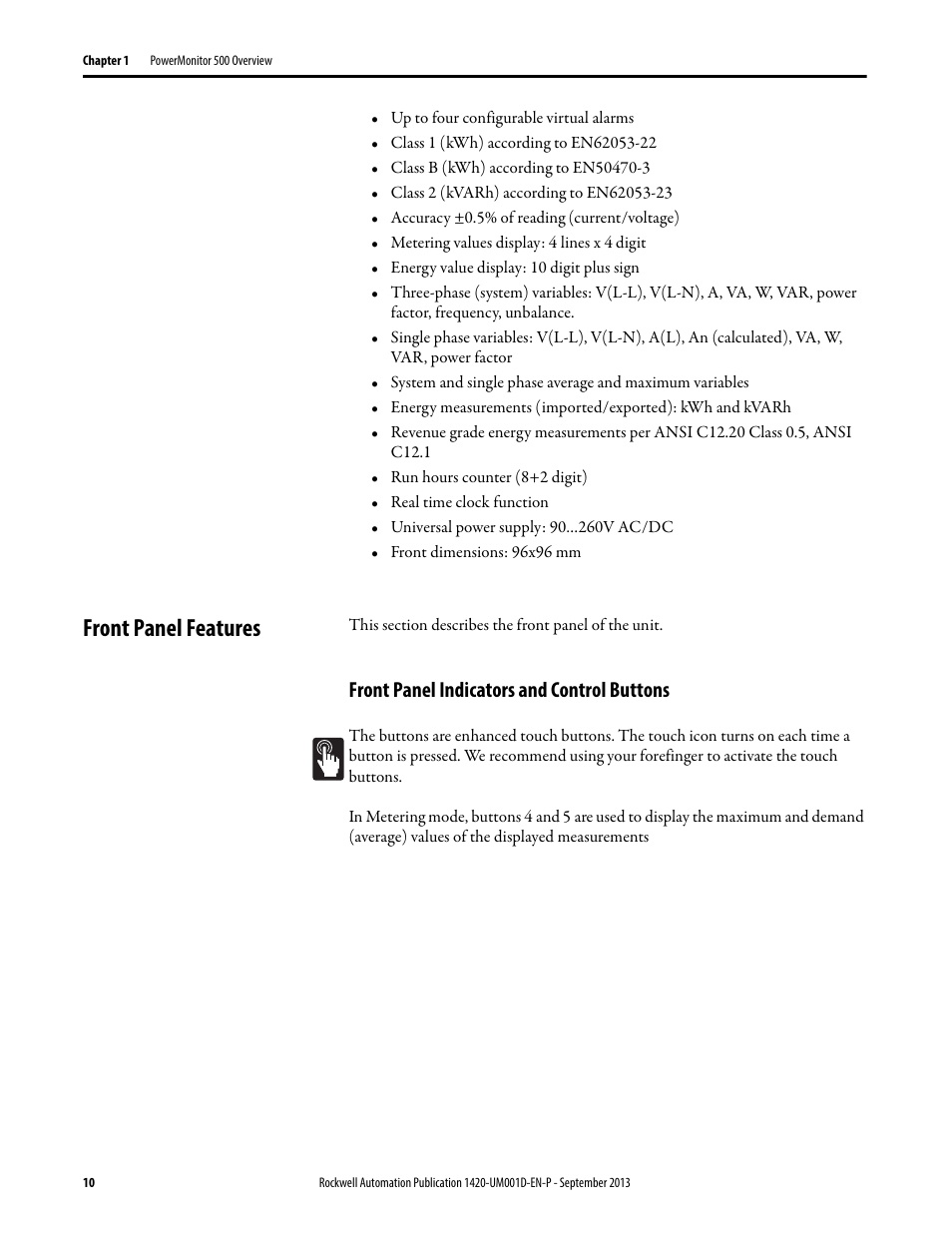 Front panel features, Front panel indicators and control buttons | Rockwell Automation 1420 PowerMonitor 500 User Manual | Page 10 / 86