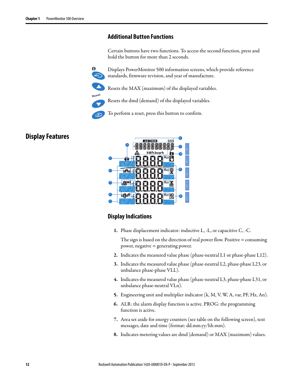 Additional button functions, Display features, Display indications | Rockwell Automation 1420 PowerMonitor 500 User Manual | Page 12 / 86