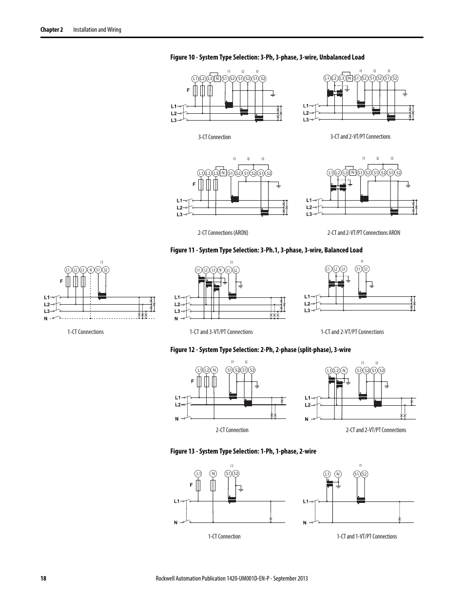 Ct and 2-vt/pt connections aron, Ct connection 1-ct and 1-vt/pt connections | Rockwell Automation 1420 PowerMonitor 500 User Manual | Page 18 / 86
