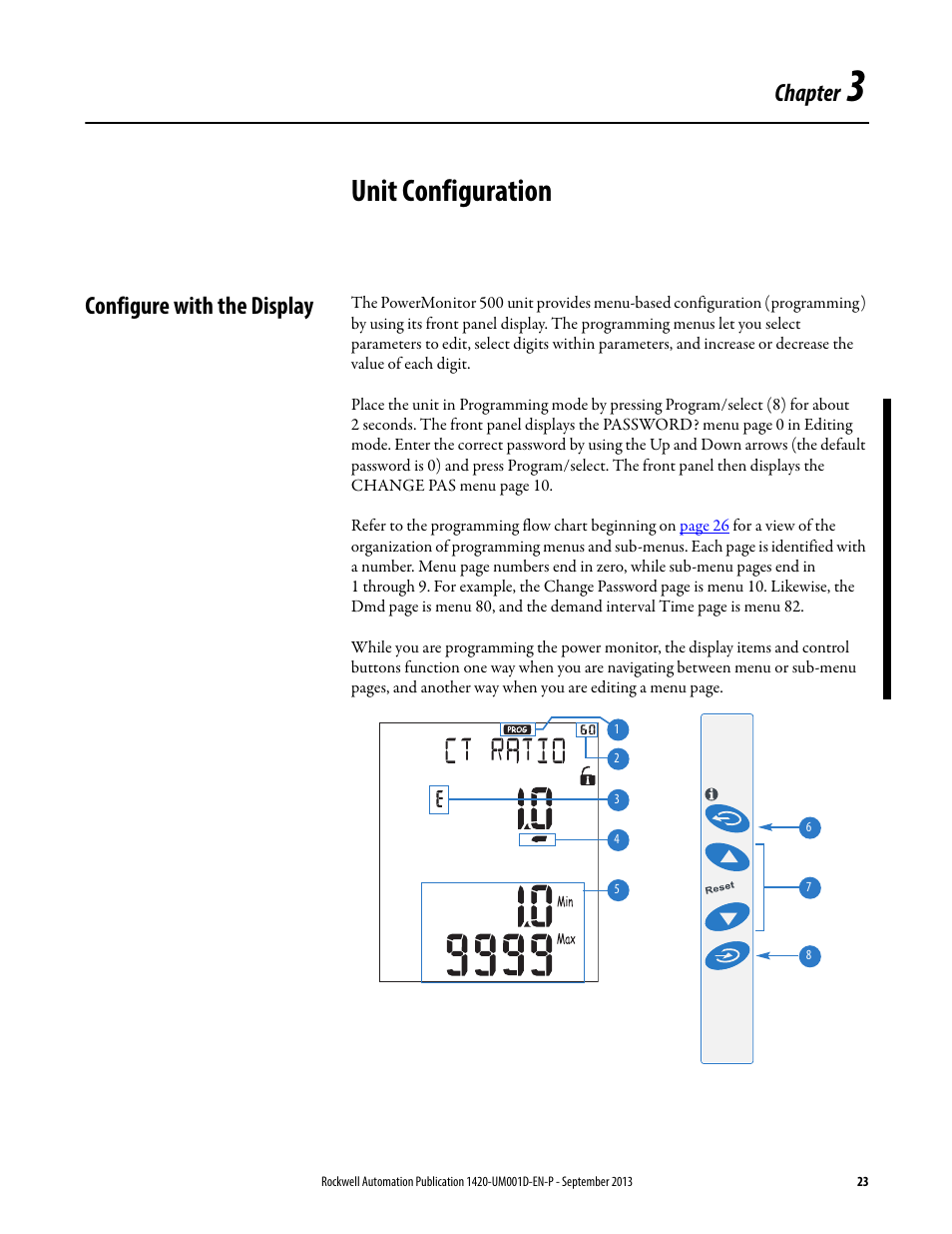 3 - unit configuration, Configure with the display, Chapter 3 | Unit configuration, Chapter | Rockwell Automation 1420 PowerMonitor 500 User Manual | Page 23 / 86