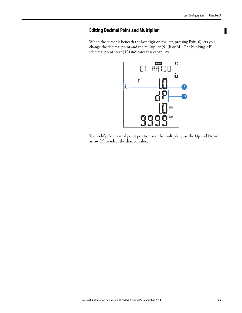Editing decimal point and multiplier, Editing decimal point and | Rockwell Automation 1420 PowerMonitor 500 User Manual | Page 25 / 86