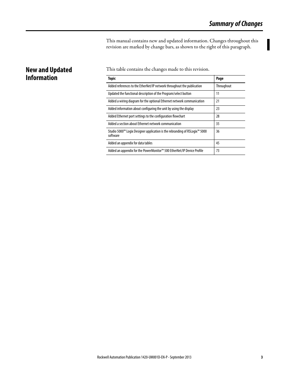 Summary of changes, New and updated information | Rockwell Automation 1420 PowerMonitor 500 User Manual | Page 3 / 86