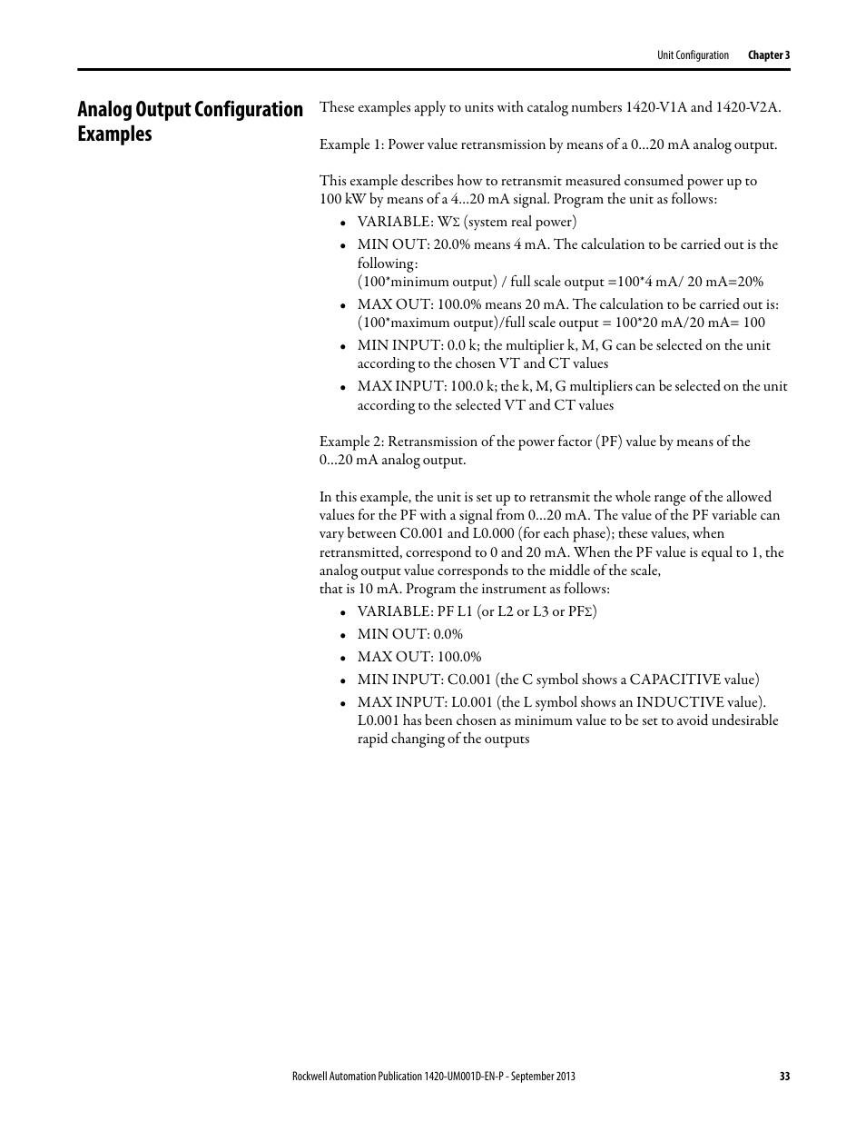 Analog output configuration examples | Rockwell Automation 1420 PowerMonitor 500 User Manual | Page 33 / 86