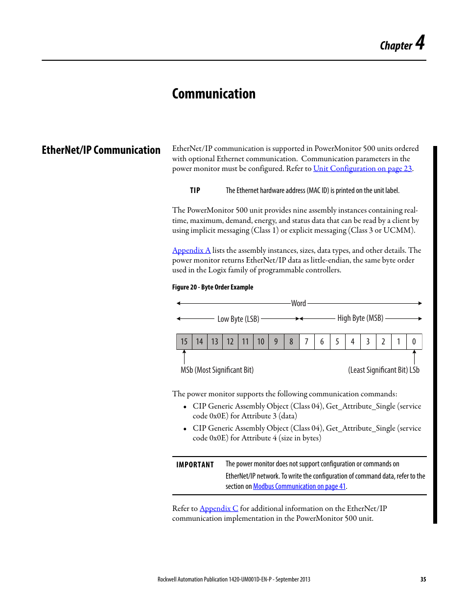 4 - communication, Ethernet/ip communication, Chapter 4 | Communication, Chapter | Rockwell Automation 1420 PowerMonitor 500 User Manual | Page 35 / 86