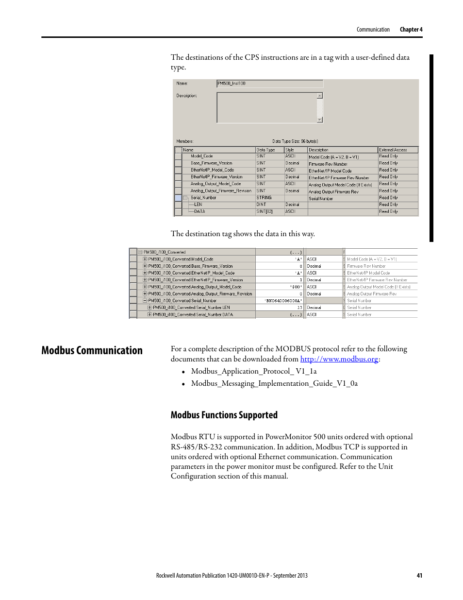 Modbus communication, Modbus functions supported, Tion on | Rockwell Automation 1420 PowerMonitor 500 User Manual | Page 41 / 86