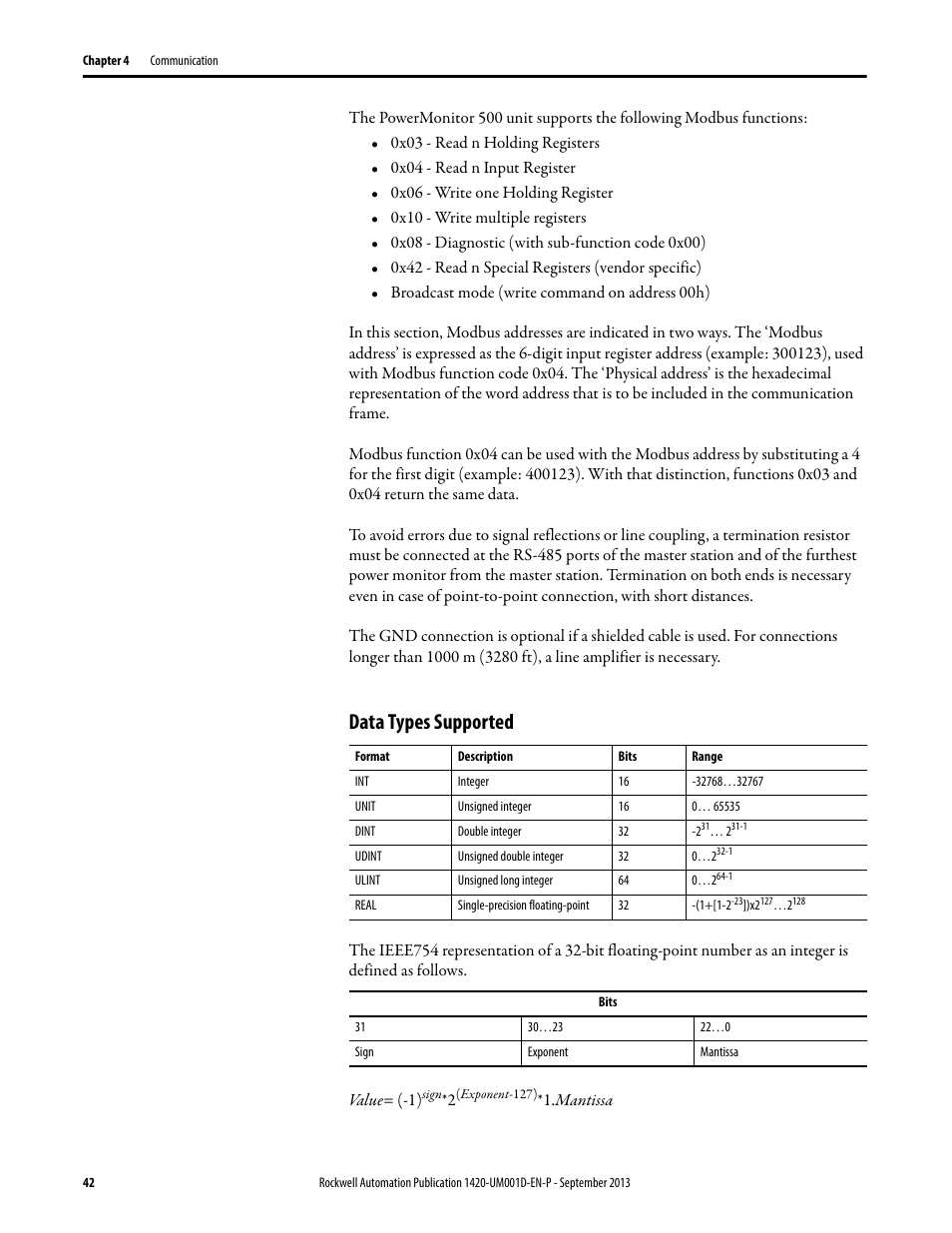 Data types supported | Rockwell Automation 1420 PowerMonitor 500 User Manual | Page 42 / 86