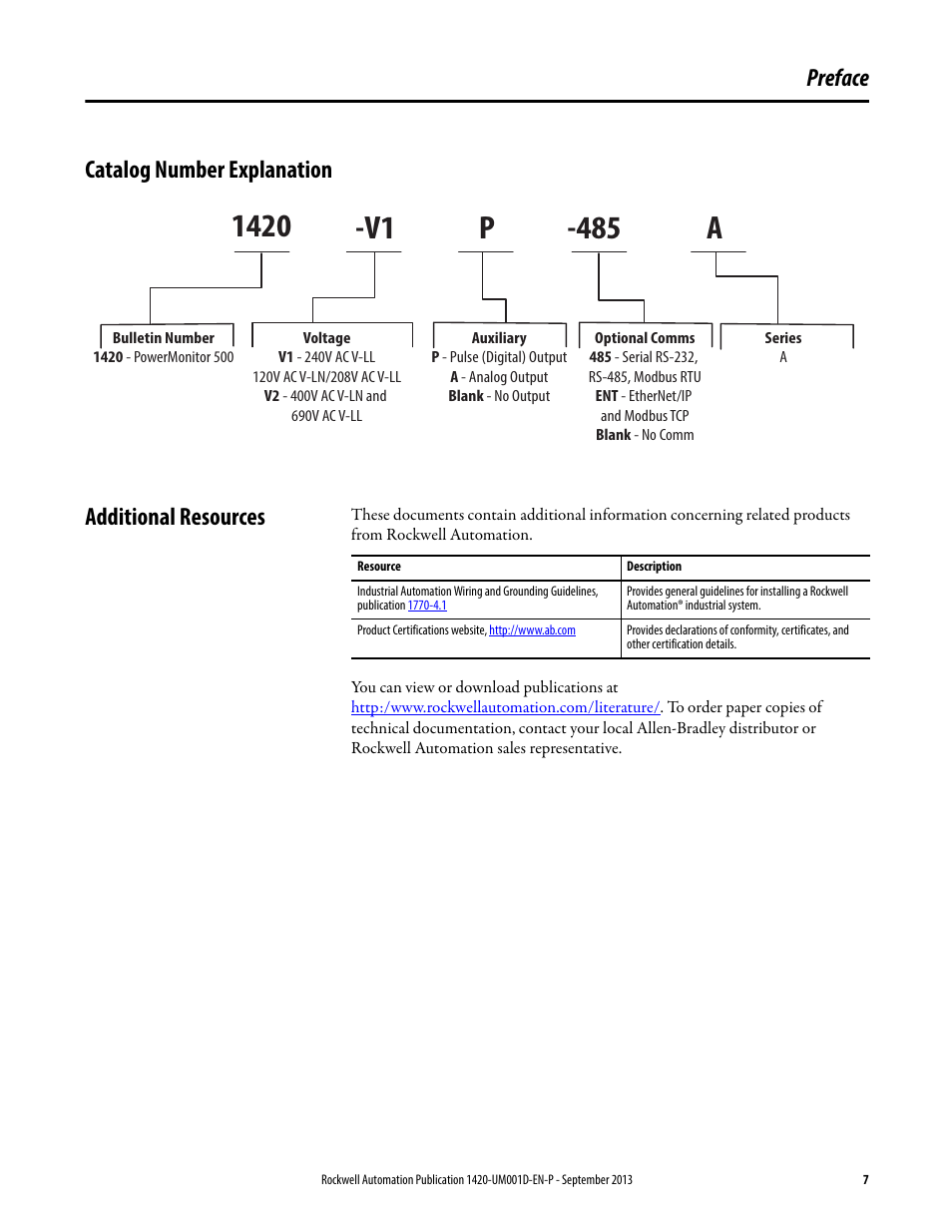 Preface, Catalog number explanation, Additional resources | Rockwell Automation 1420 PowerMonitor 500 User Manual | Page 7 / 86