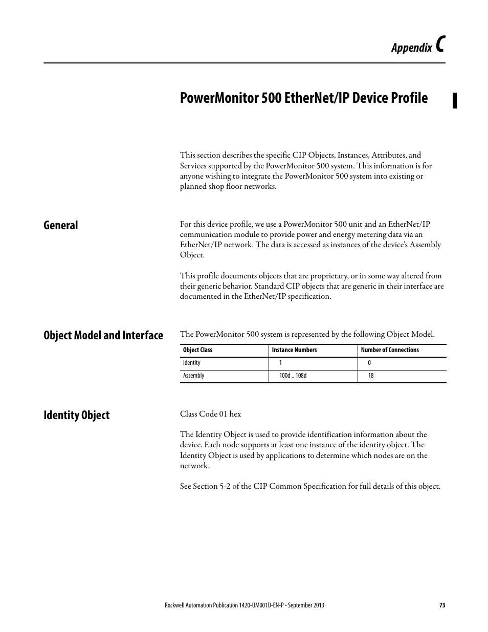C - powermonitor 500 ethernet/ip device profile, General, Object model and interface | Identity object, Appendix c, Powermonitor 500 ethernet/ip device profile, Appendix | Rockwell Automation 1420 PowerMonitor 500 User Manual | Page 73 / 86